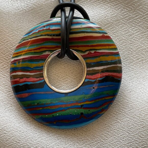 Jay King Rainbow Calsillica reversible Disk Necklace on leather adjustable cord - Picture 5 of 11